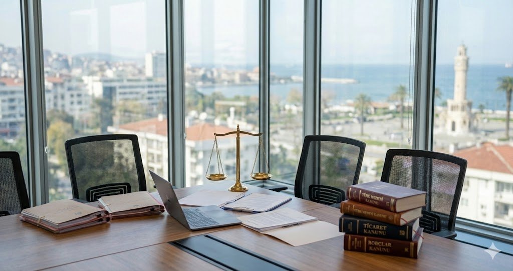 İzmir şirket avukatlık ve danışmanlığı hizmeti kapsamında modern bir ofiste müvekkiliyle ticari sözleşmeleri ve hukuki süreçleri inceleyen profesyonel avukat ve iş insanı.